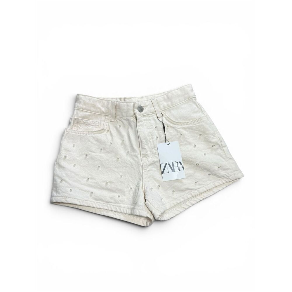 NWT Zara Cream Pearl Studded White Denim Shorts | Girls Size 12